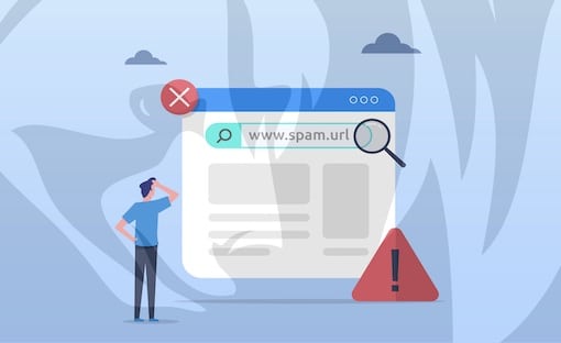 Illustration of a person looking at a flagged spam URL with warning symbols