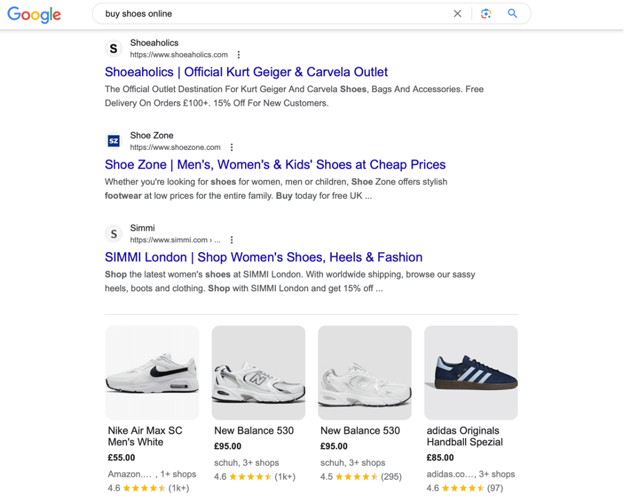 This image of a search for shoes on Google shows how business research fake shops.