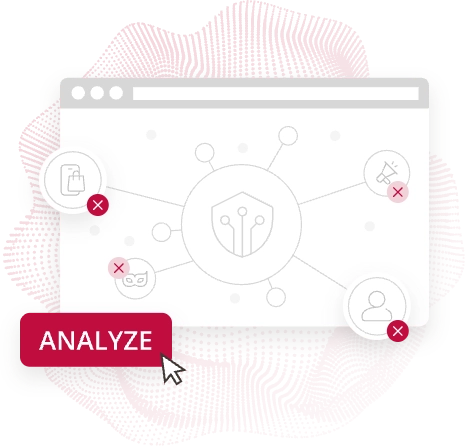 This image of a computer monitor with connected digital nodes with an "analyze" button illustrates our topic of domain management services and portfolio analysis.